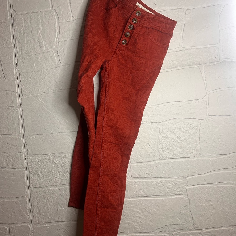 Anthropologie Brick Red Skinny Jeans with Button Accents